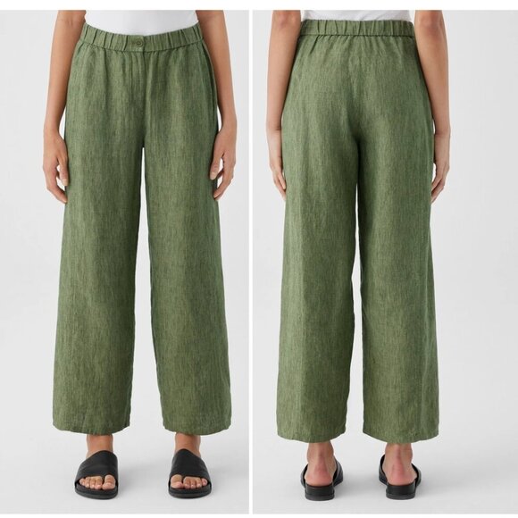 Eileen Fisher | Washed Organic Linen Délavé Wide Trouser Pant In Coriander Green - Picture 2 of 11